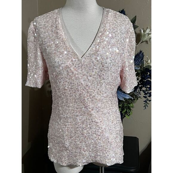 Laurence Kazar New York Pink Short Sleeve  Sequined Silk Blouse Size Medium - Picture 1 of 4